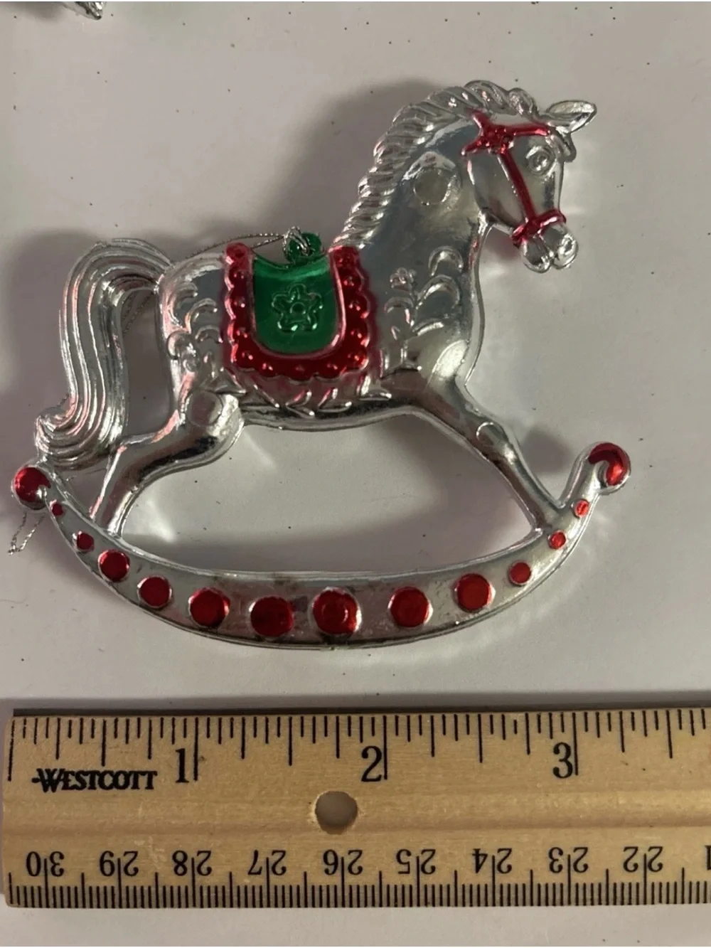 4 Metallic Silver Red Green Hard Plastic‎ Christmas Ornaments Rocking Horse Bell